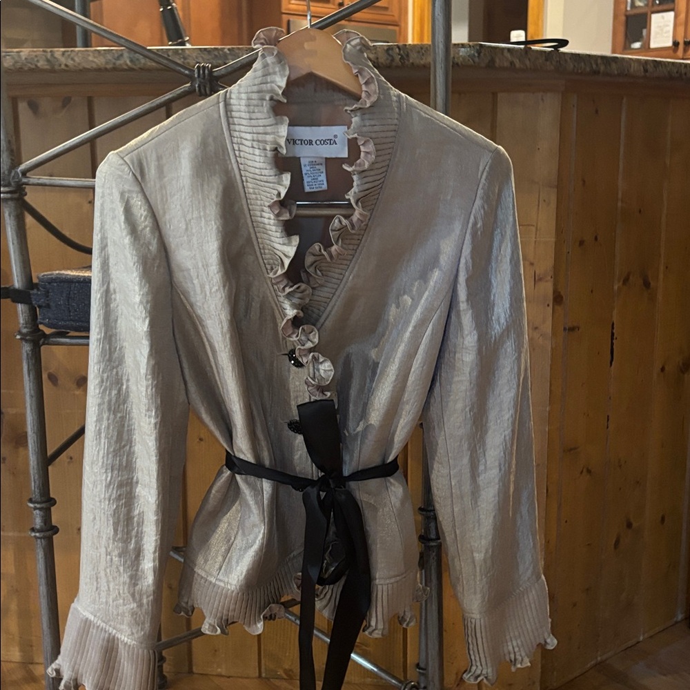 Victor Costa Metallic Beige blouse, three black buttons and black tie. Vintage